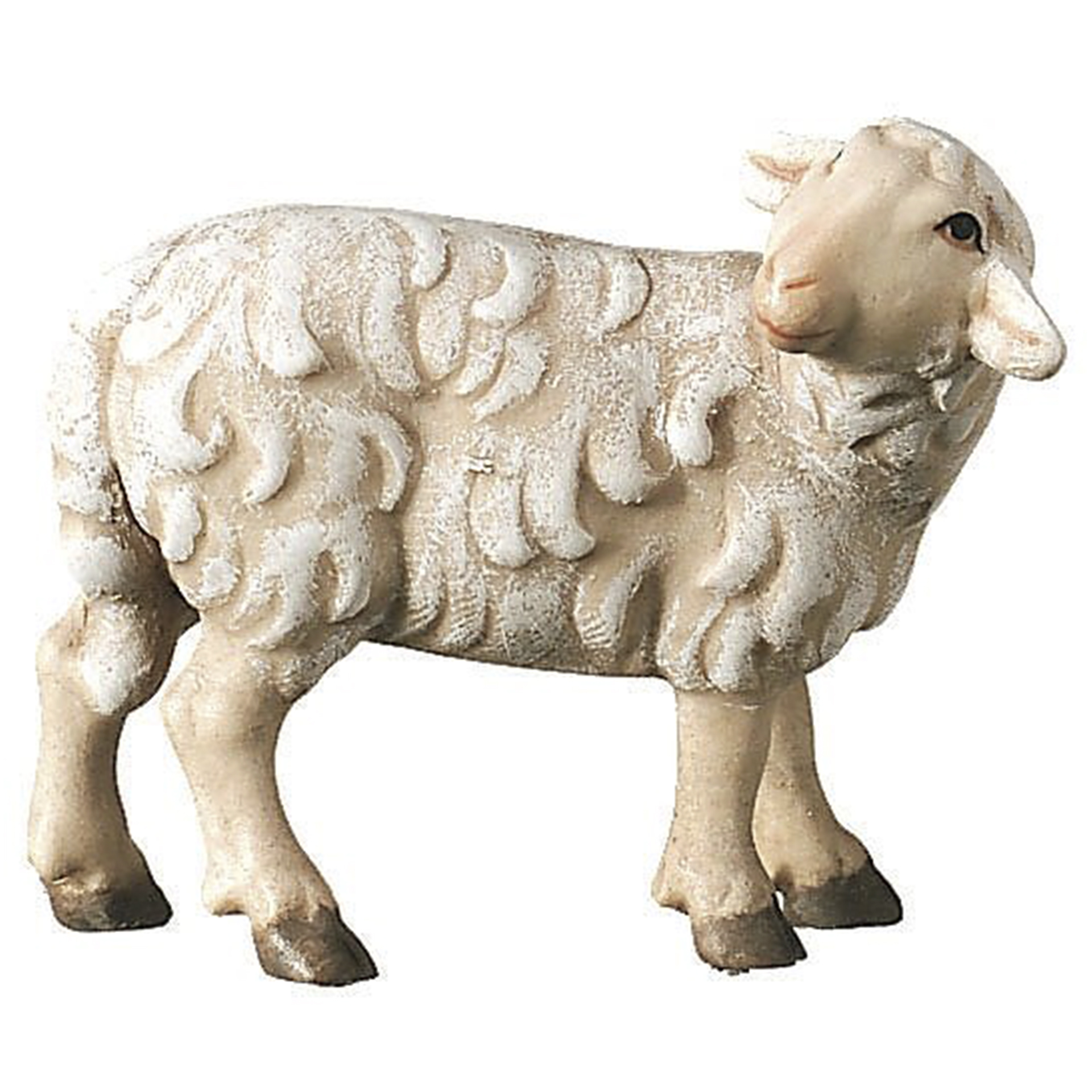 Holzfigur stehendes Schaf, das zurückschaut