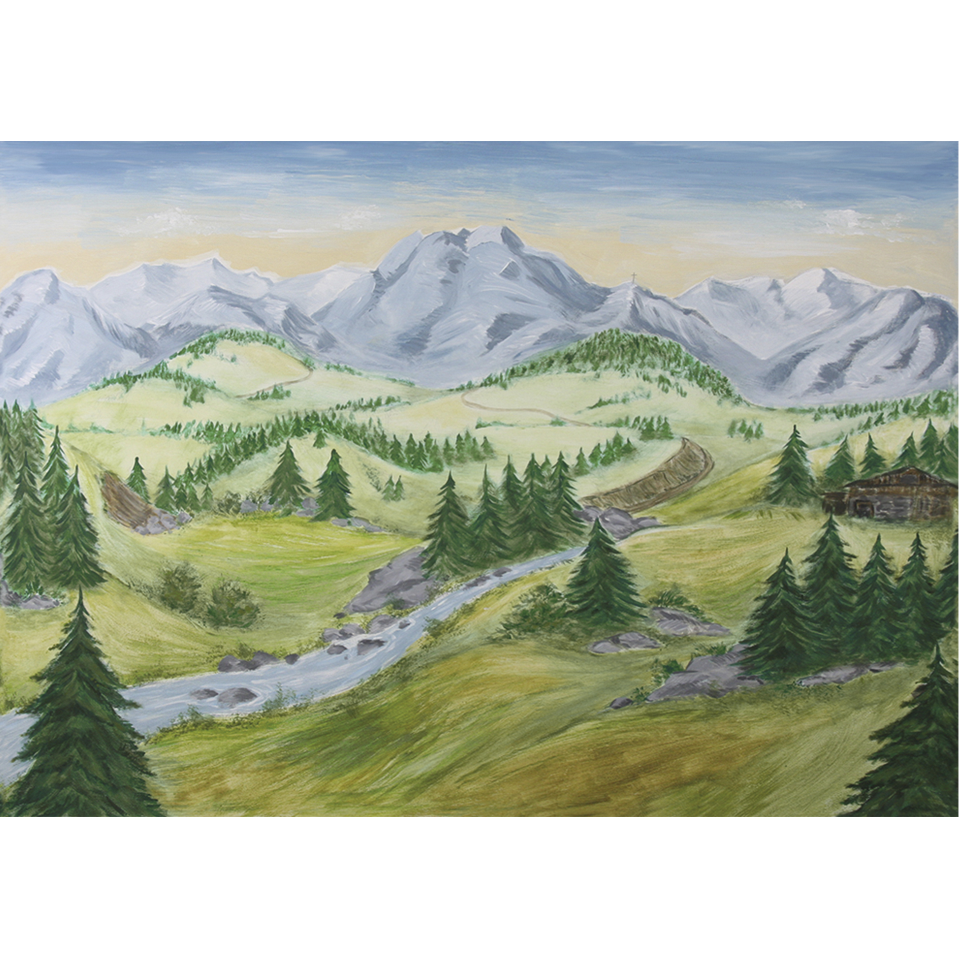 Krippenhintergrund Tanne Poster mit Tannen und Gebirgsfluss , im Hintergrund Berge