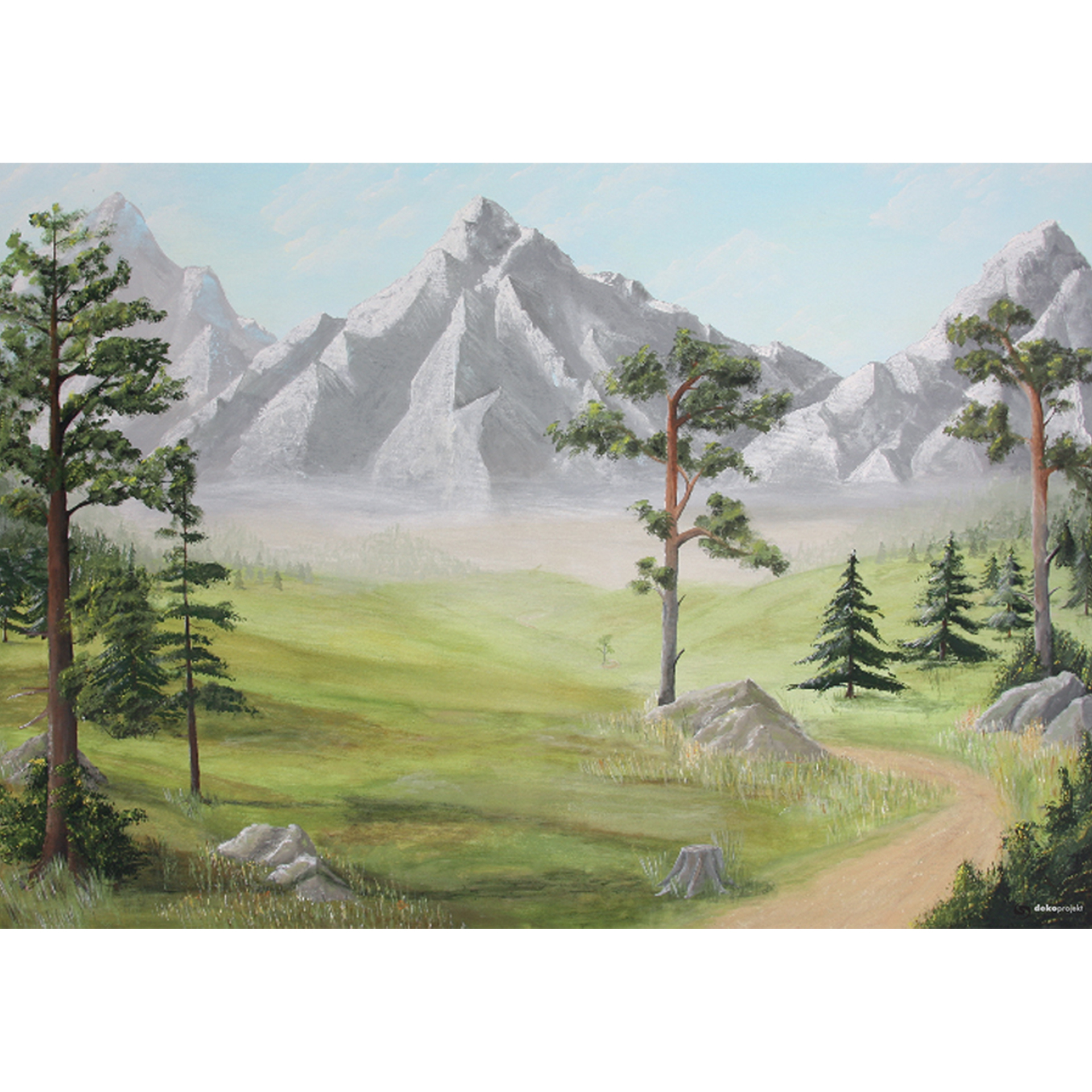 Berge im Hintergrund, im Vordergrund Wiesen, Wanderweg und Zirben