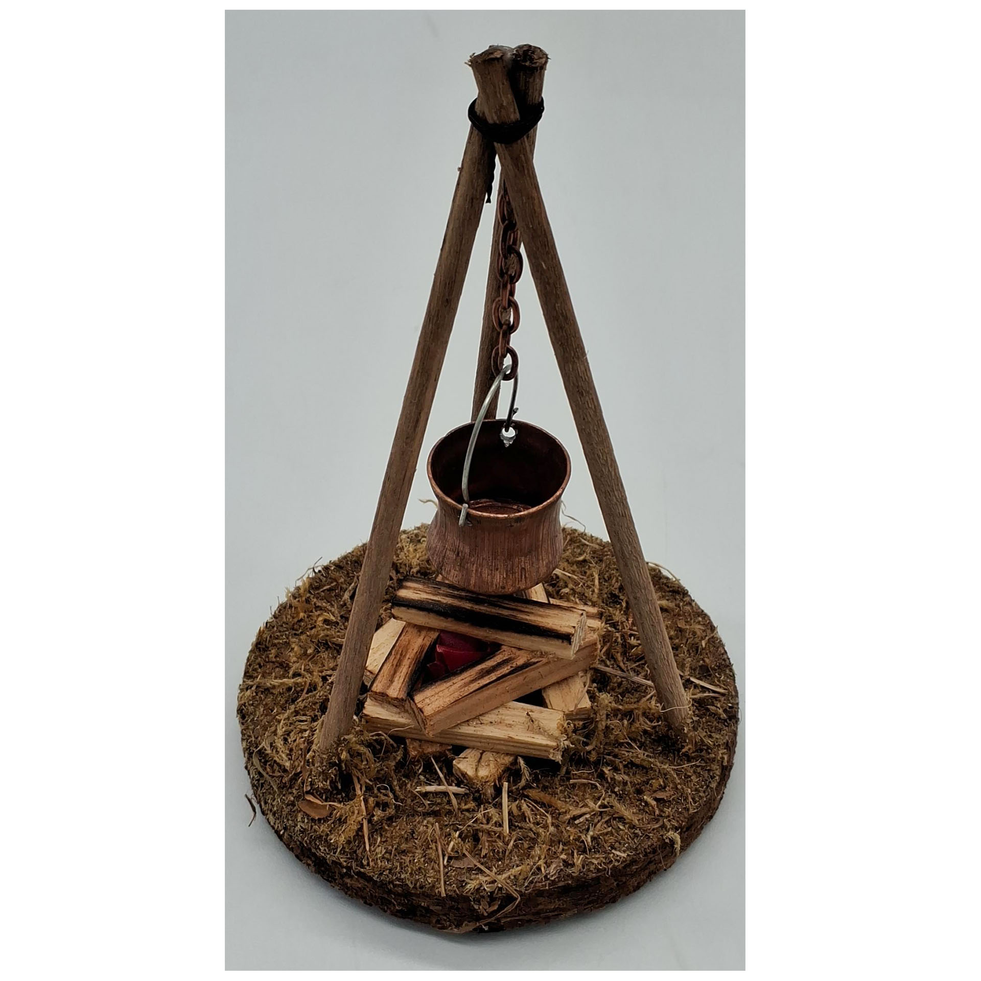Lagerfeuer mit Kessel, Flacker-LED mit Batterie Holz, Holz