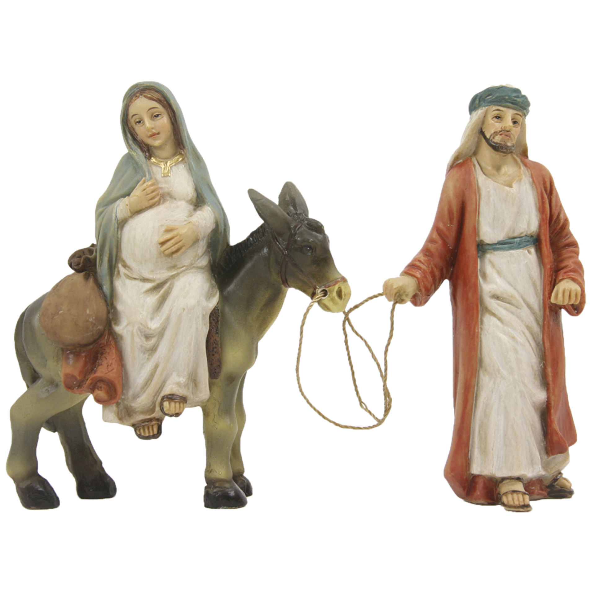 schwangere Maria auf Esel, Josef führt an Seil