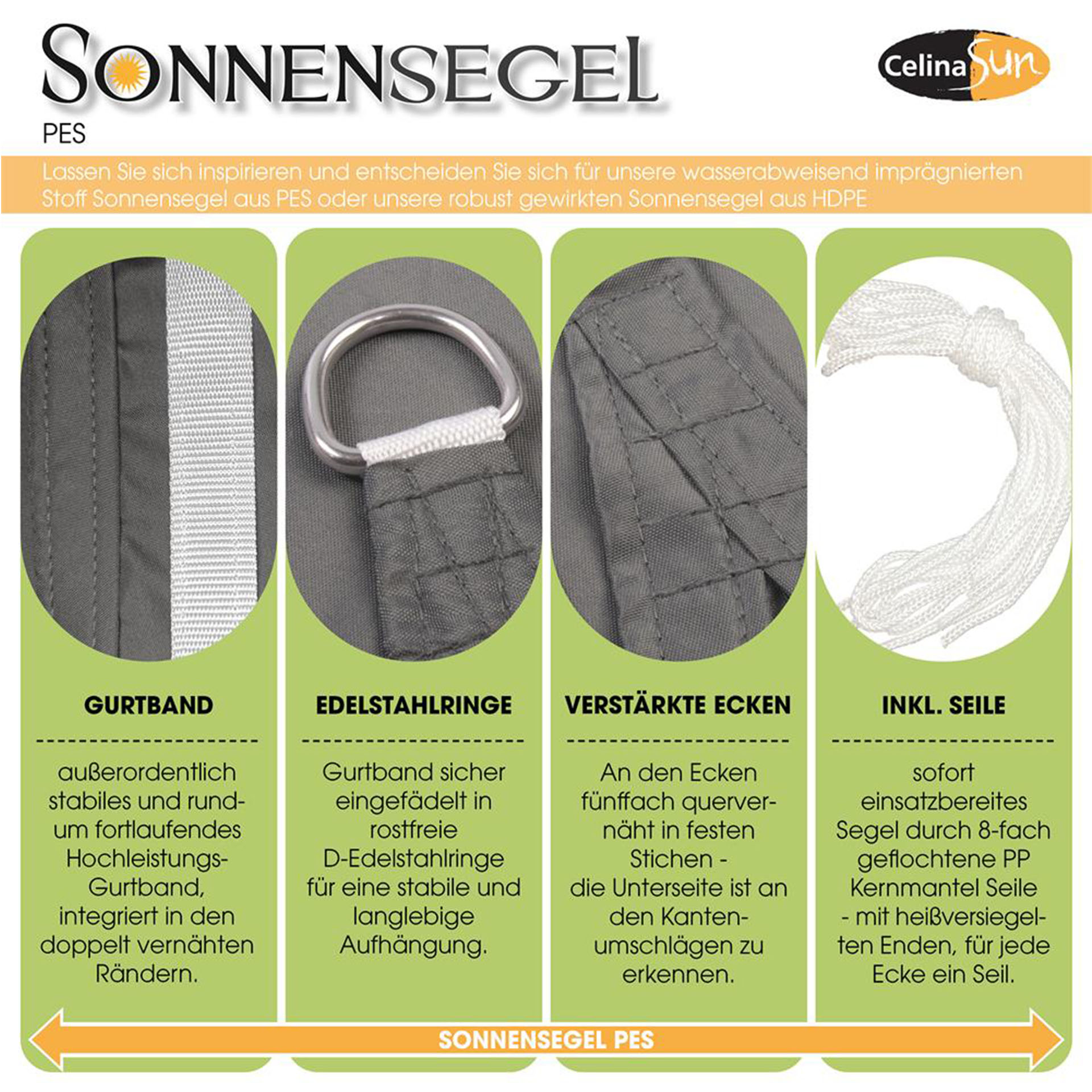 Sonnensegel PES Qualitäten-1 Qualitätsmerkmale Material PES Sonnensegel