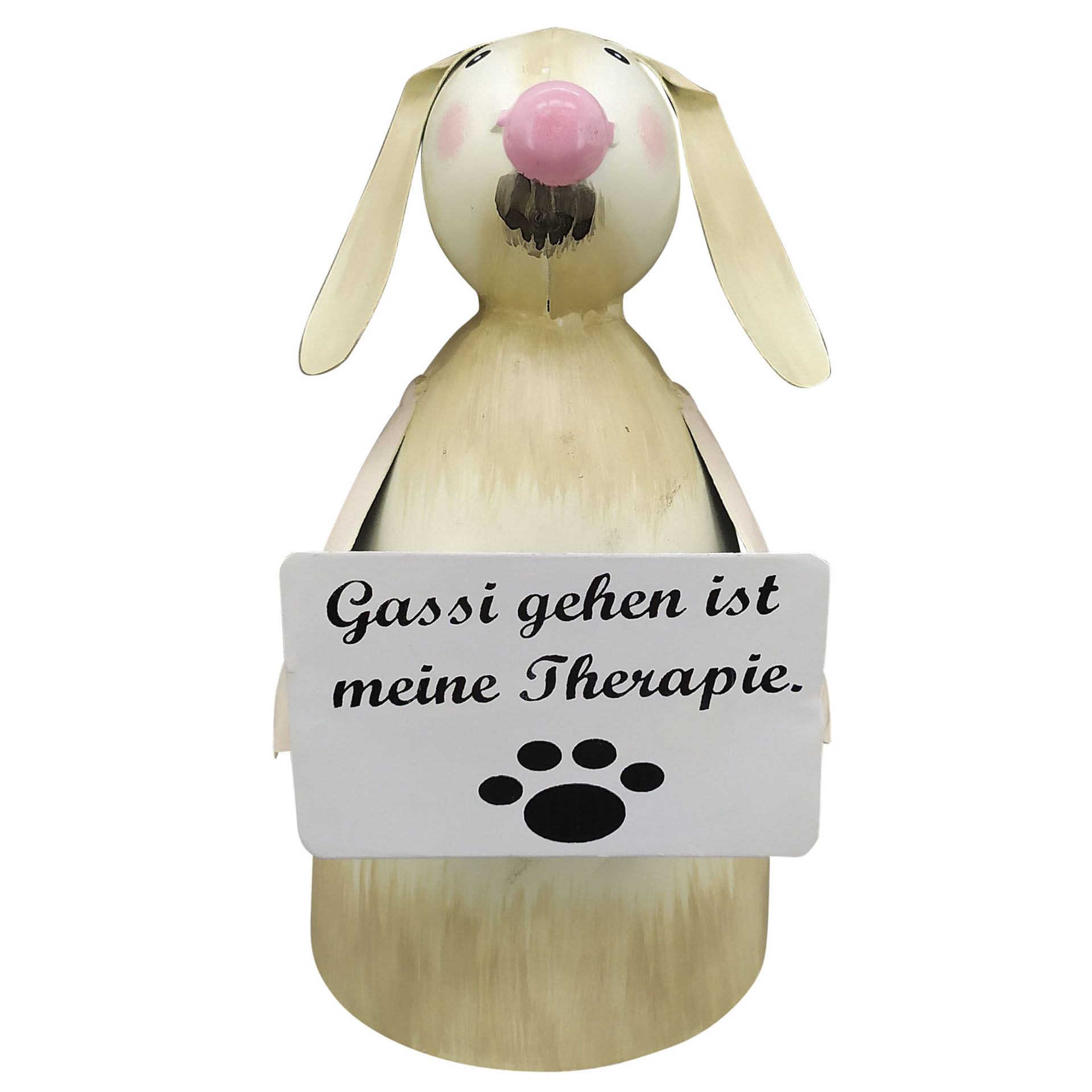 Zaunhocker Hund beige mit Schild beigefarbener Hund als Zaunhocker mit Schild vor Bauch