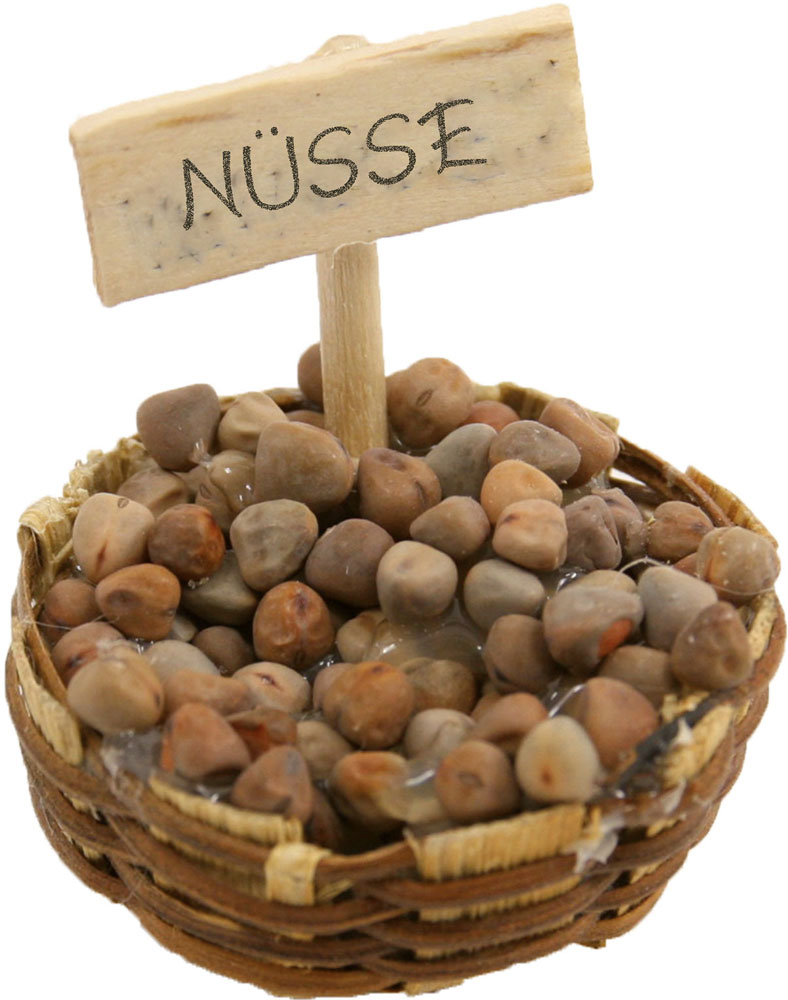 nüsse, hazelnuts, korb, steinchen, kleines schild