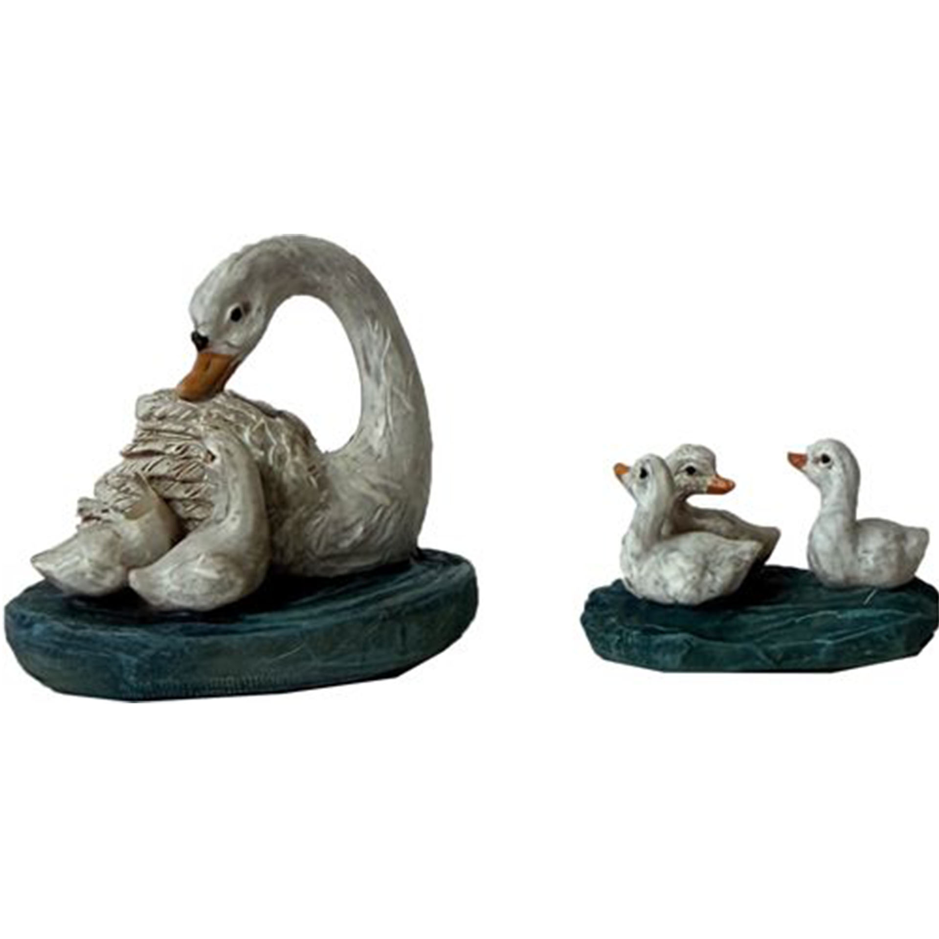 Schwan-Figurine, Schwanen-Skulptur, Ente-Familie, weiße Vögel, Steinbasis