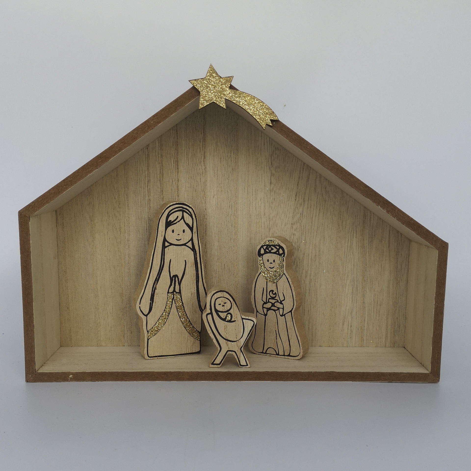 Holz Krippe mit Figuren-2 Kinder Krippe mit Figuren, bespielbar 12-tlg.