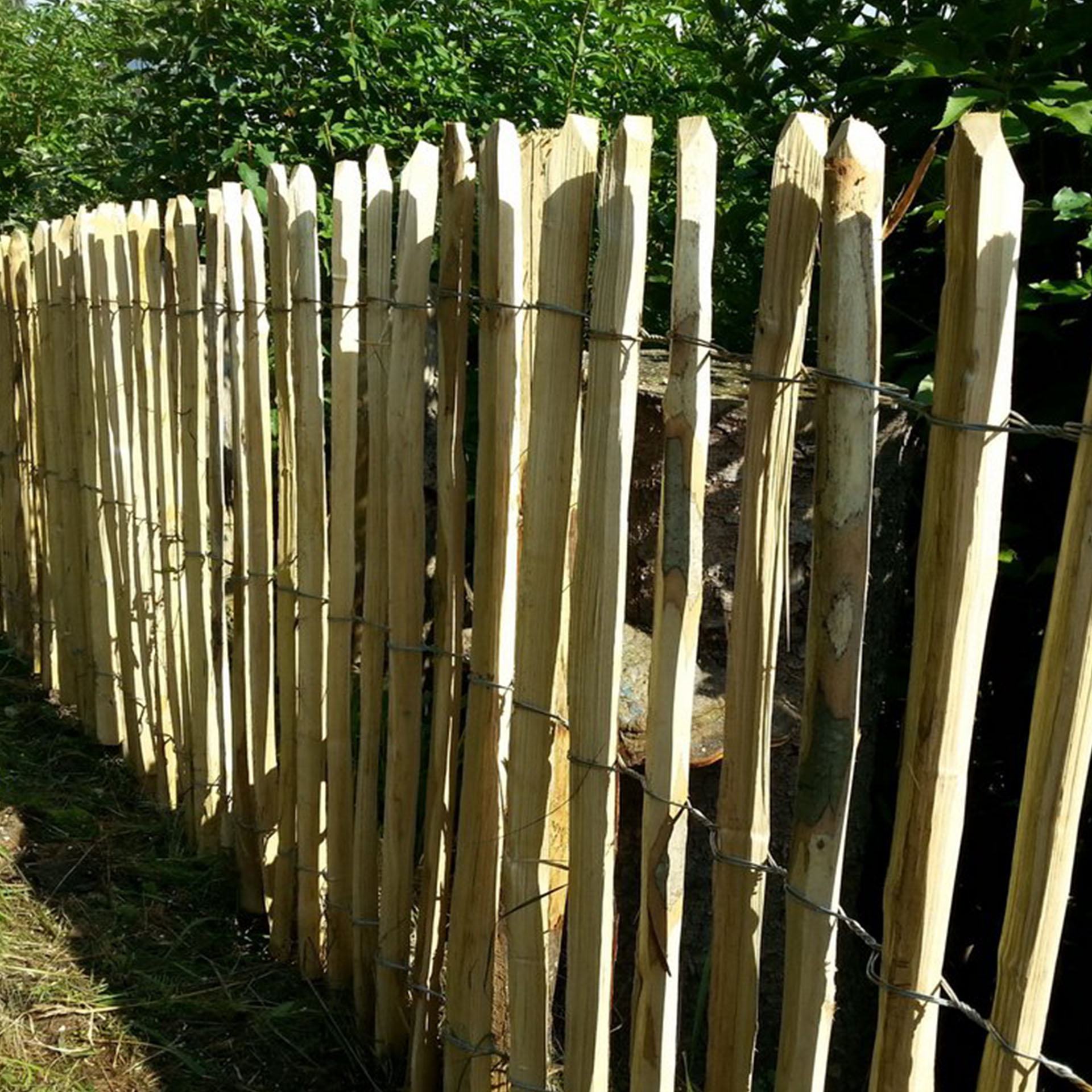 engmaschiger bStaketenzeun als abgrenzung von Wiese zu Obstbäumen, Holzzaun, Zweifach-Zaun, Drahtzaun, Holzlatten, Naturholz, Holzzaun, Holzlattenzaun, Zäunestacken, Staketenzaun, Holzpfosten