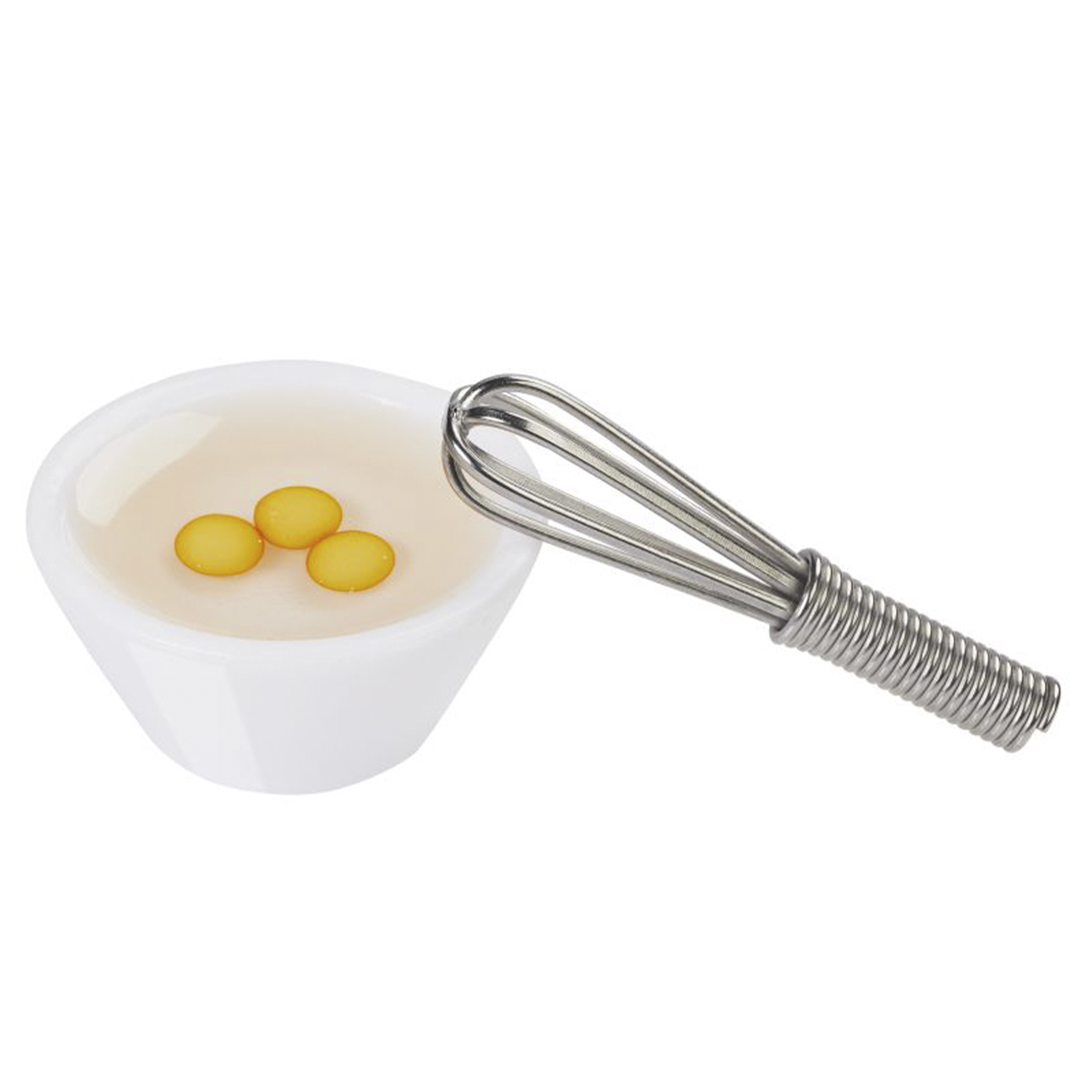 Rührschüssel mit Schneebesen weiße Schüssel mit 3 Eiern und silbernem Schneebesen