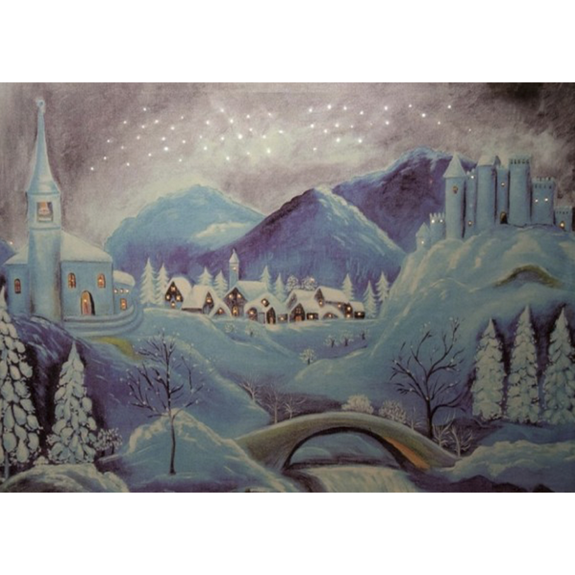 Poster verschneite Winterlandschaft mit Dorf, Tannen und Bergen