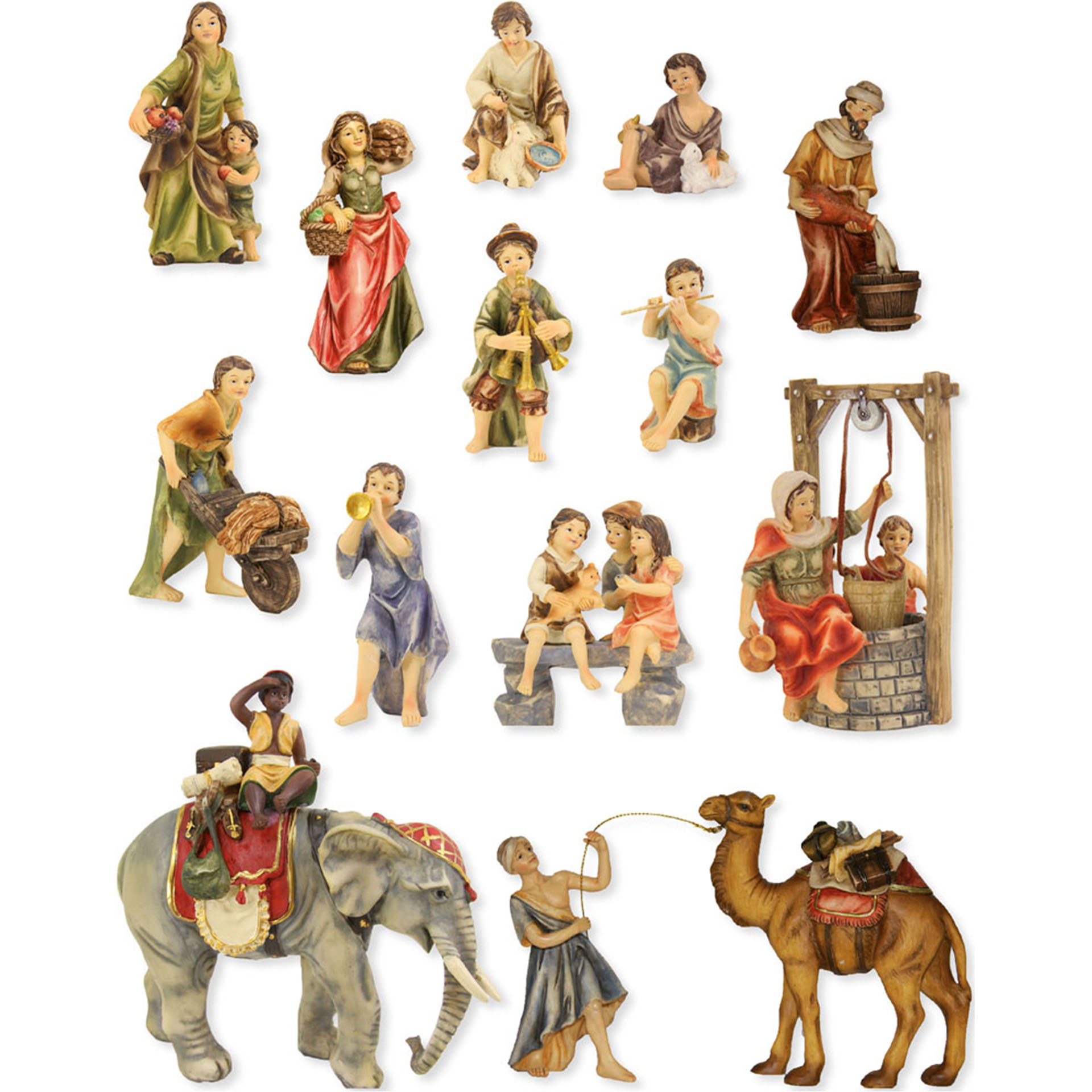 Zusatzfiguren Johannes Krippe, Hirten, Hirtinnen, Kinder, Kamel, Elefant 14-tlg.
