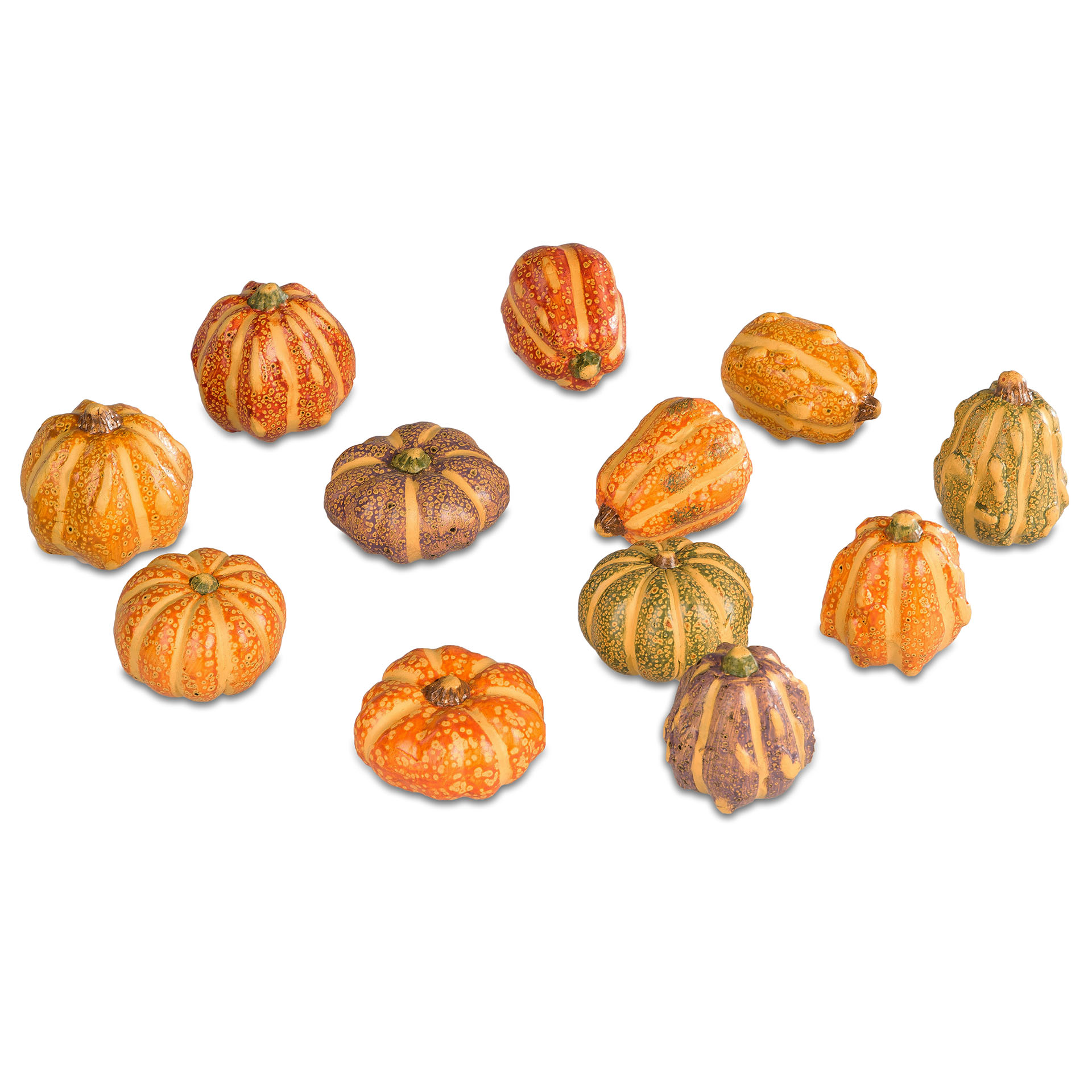 gelbe, orange und grünliche kürbisse mit verschiedenen Formen