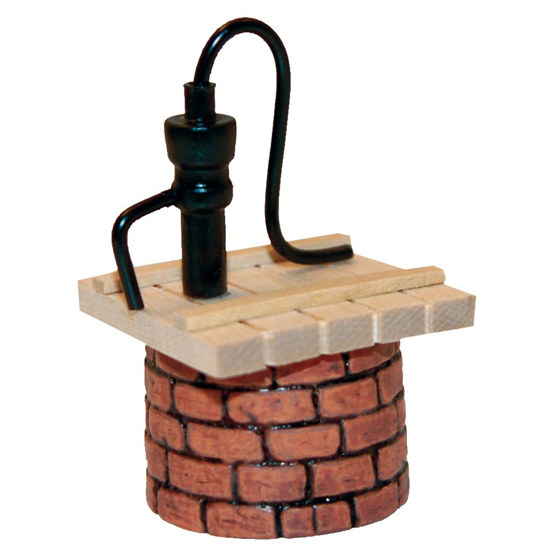 brunnen optisch aus roten ziegelsteinen, darauf helle holzplatte, schwarze pumpe mit schwengel