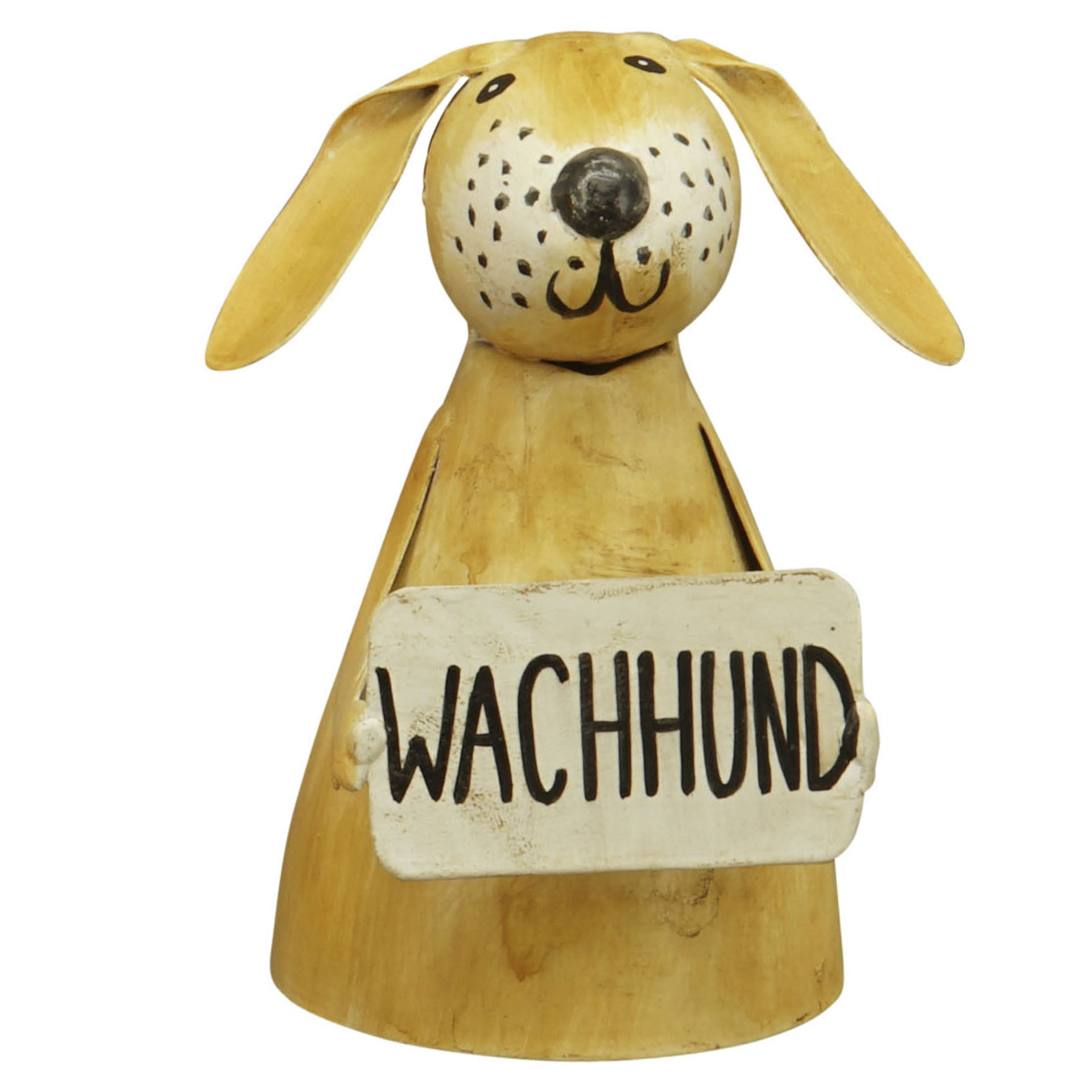 Zaunhocker Hund beige mit Schild "Wachhund" beigefarbener Zaunhocker Wachhund