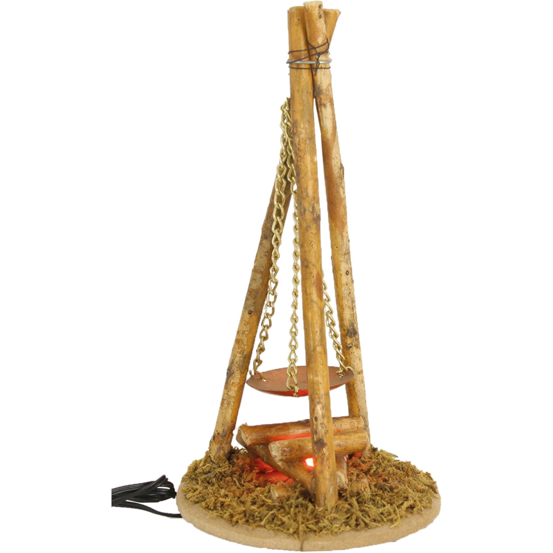 Lagerfeuer mit Dreibock und Schale Schale über Lagerfeuer hängend an Dreibock