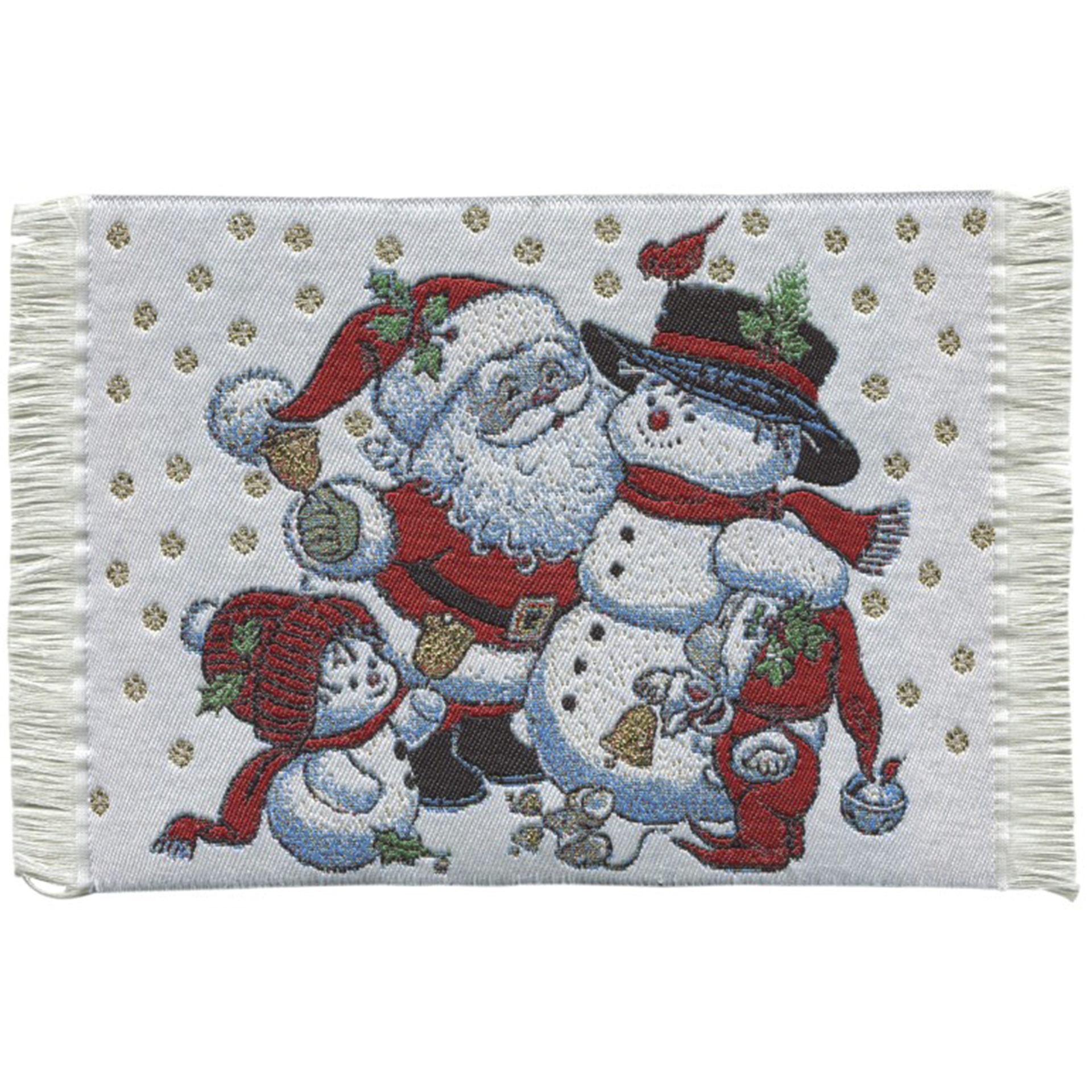 weißer Teppich mit Weihnachtsmann, kleinem und großem Schneemann