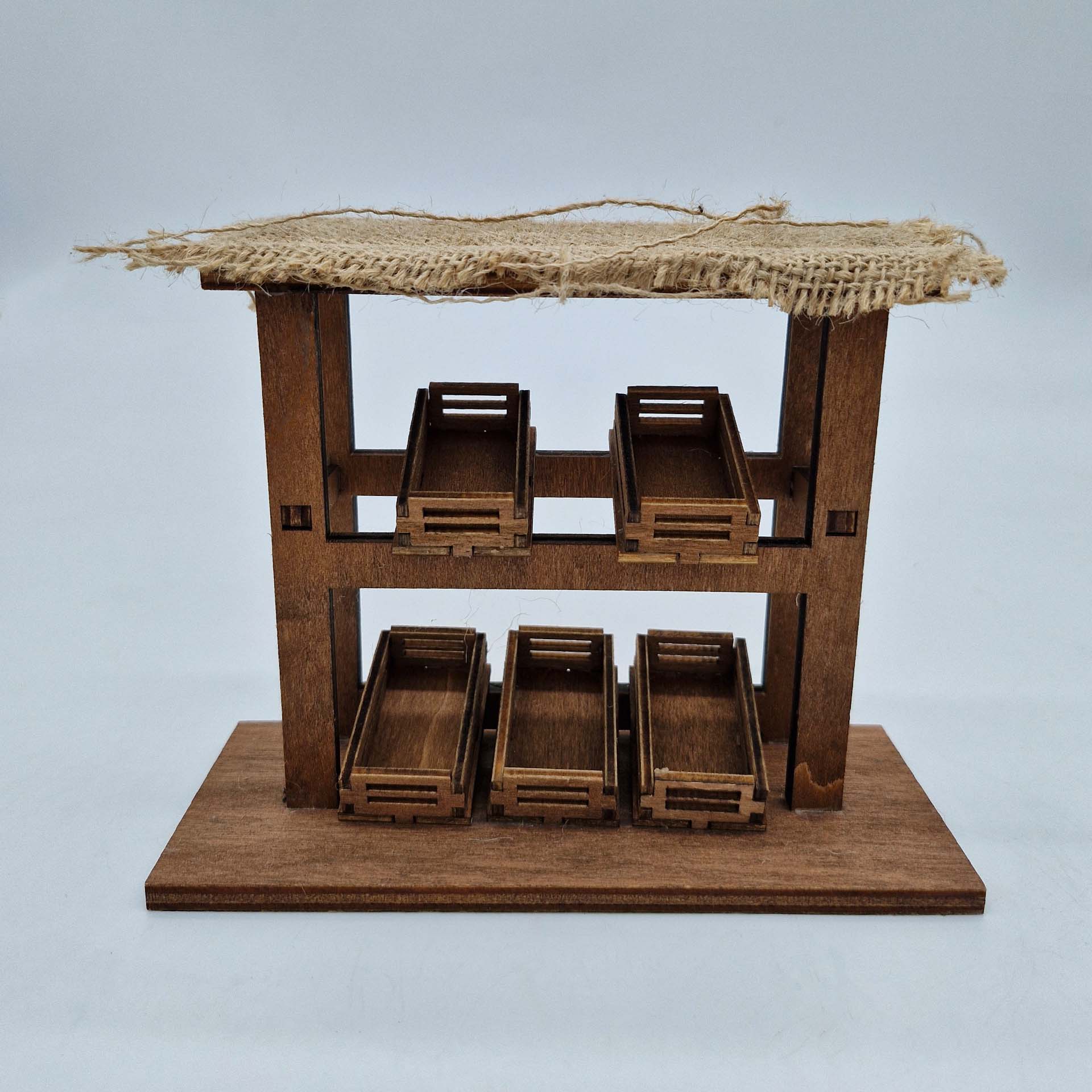 Marktstand mit Kisten und Dach Holz, Mobiliar, Tabelle, Hartholz, Gebeiztes Holz