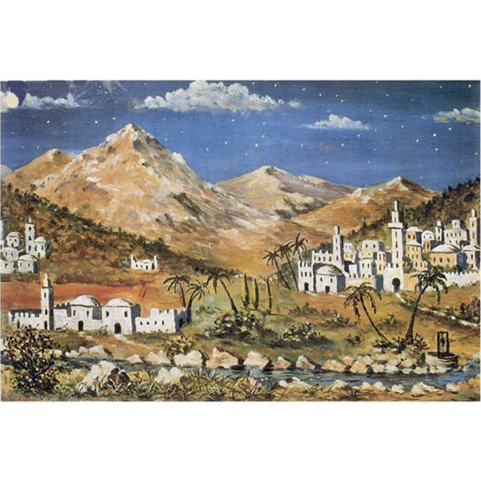 Krippenhintergrund orientalisch 2 Orientalische Satdt im Vordergrund, Berge im Hintergrund und blauer Himmel