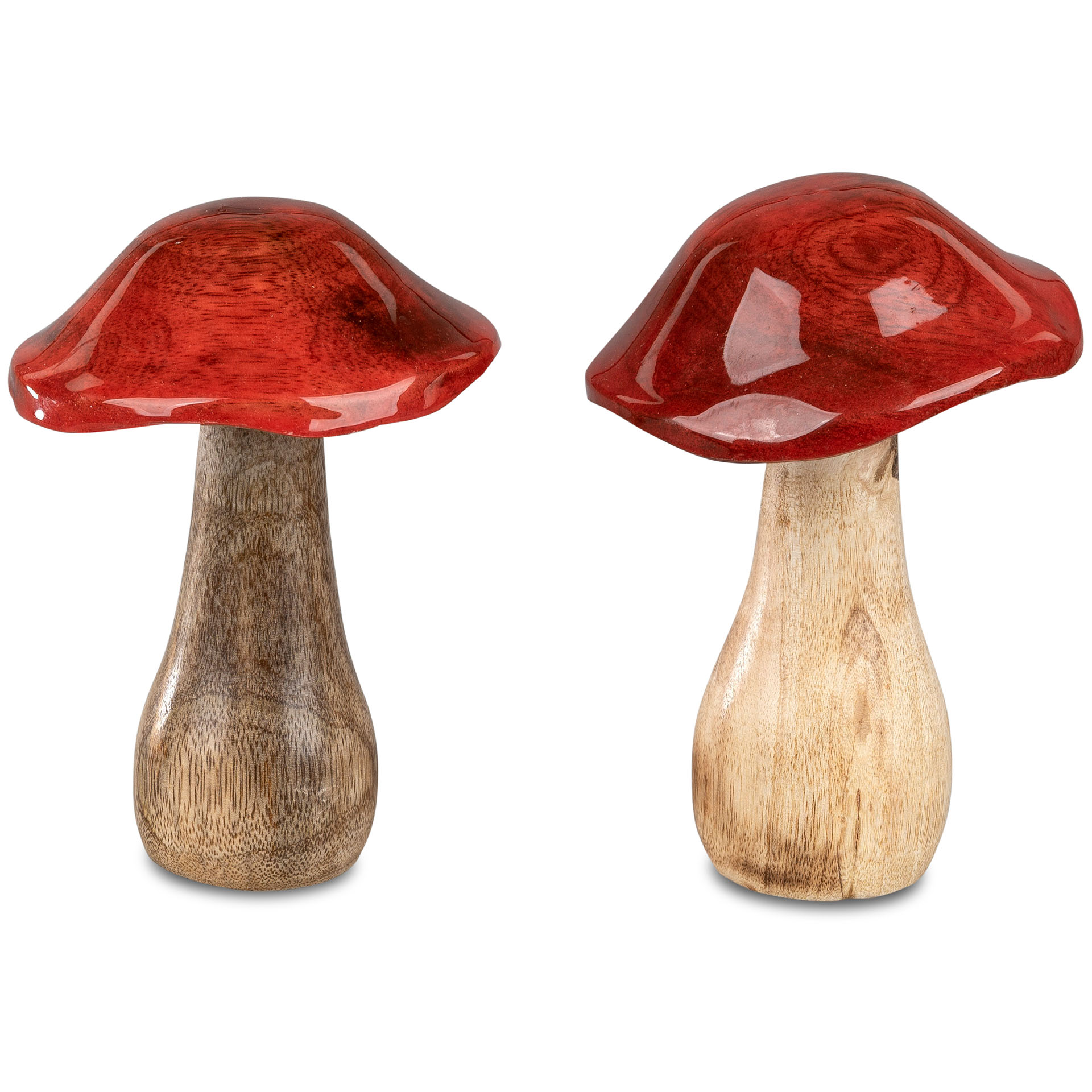 zwei Deko-Pilze mit bräunlichen Stielen und rot glänzenden Hüten