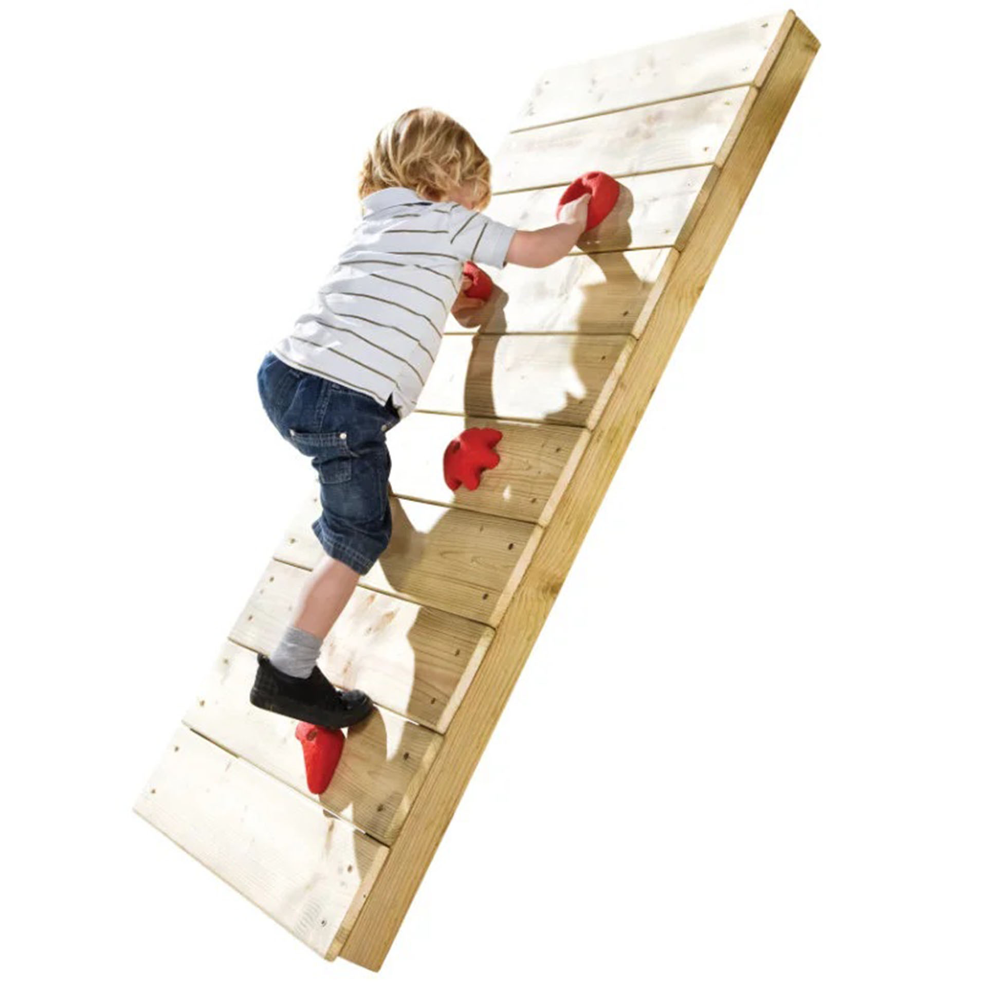 Kind an Kletterwand mit Klettersteinen
