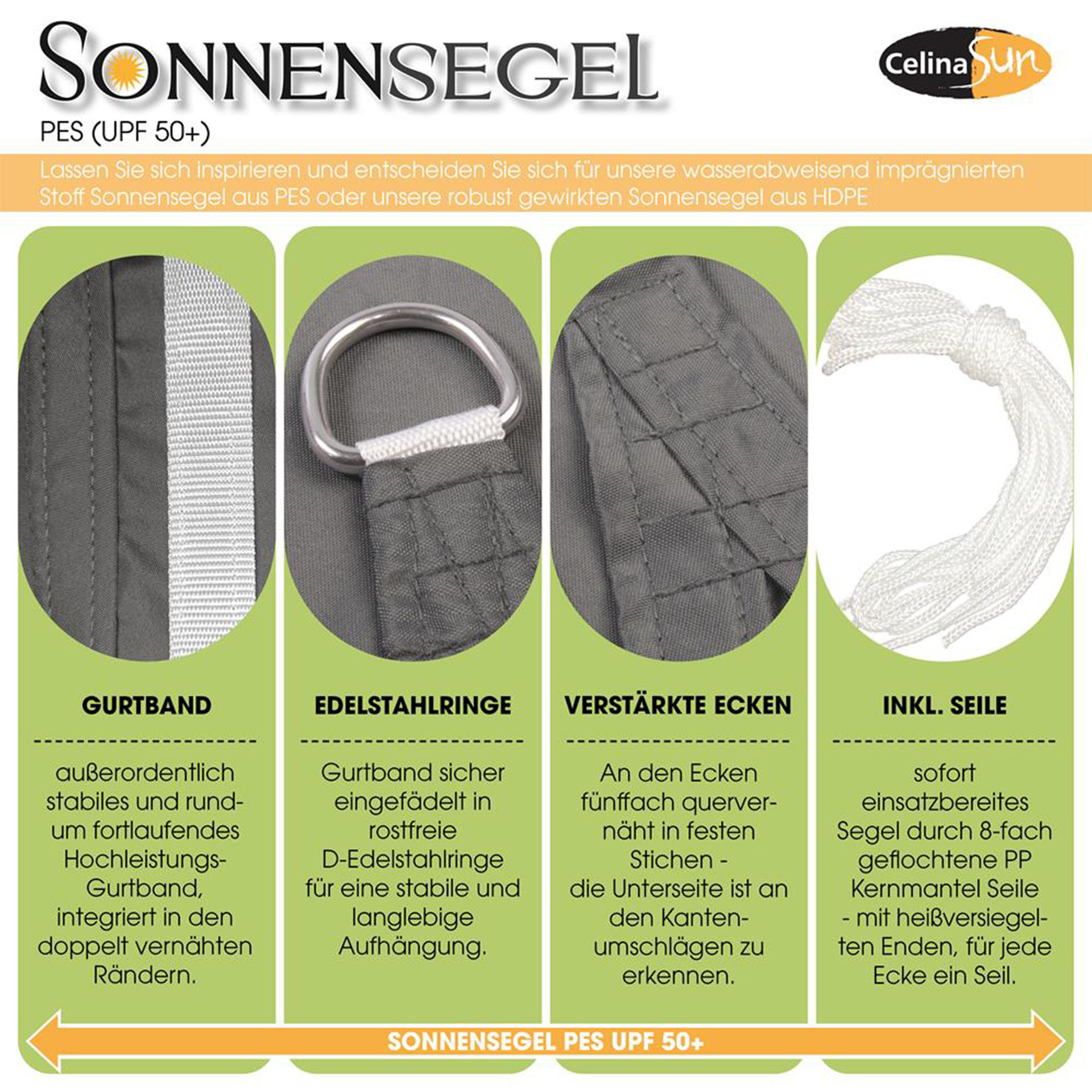 Sonnensegel PES-UPF Qualitäten-1 Qualitätsmerkmale Material PES UPF Sonnensegel