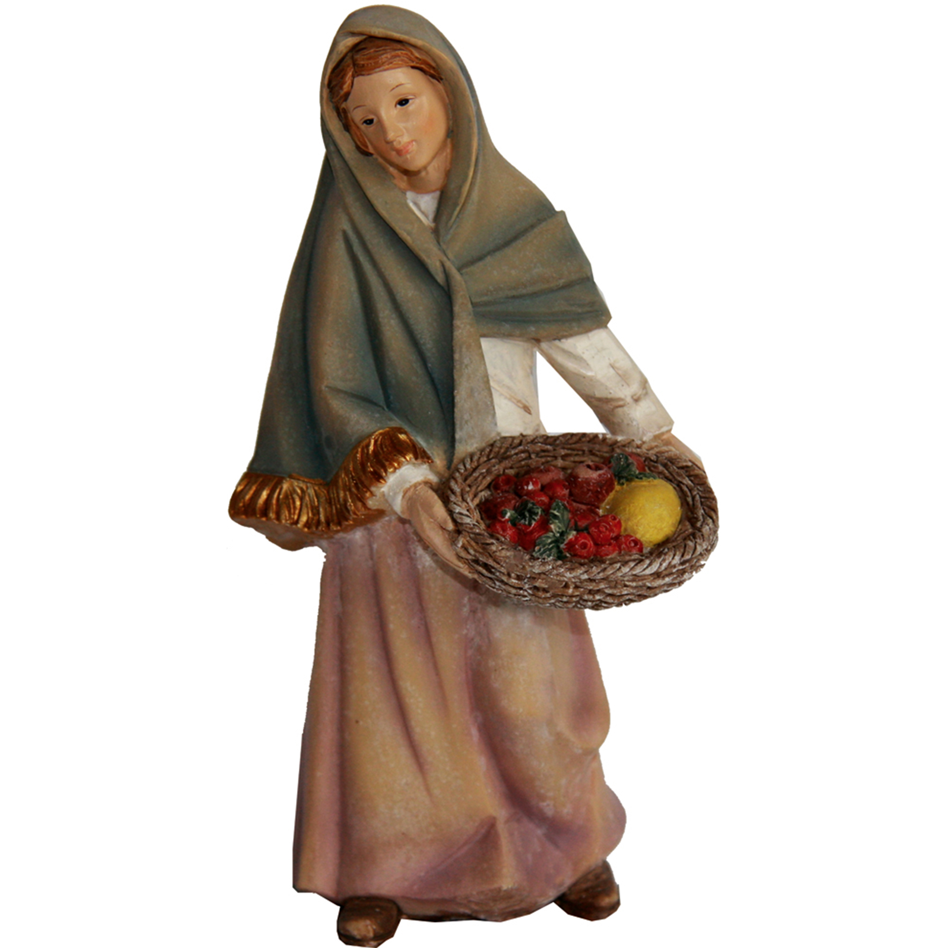 Krippenfigur aus Polyresin Magd mit Obstkorb handbemalt zu 11 cm Figuren