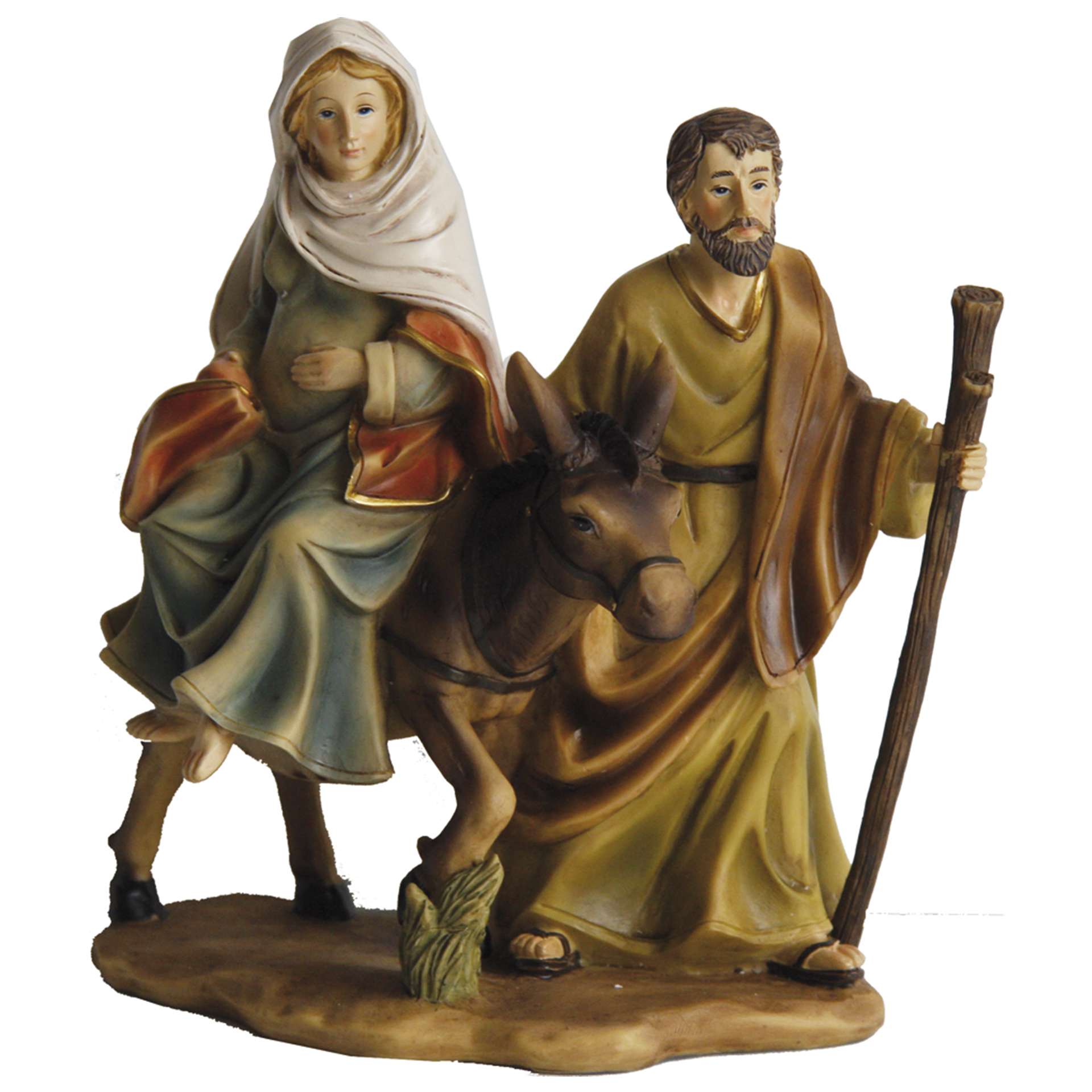schwangere Maria auf Esel, Josef hält Esel