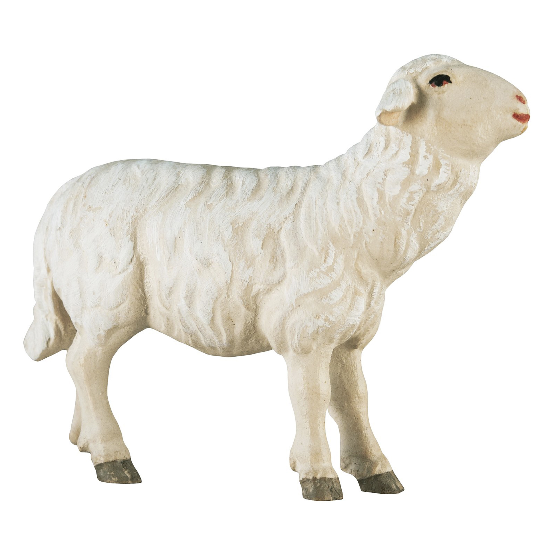 Holzfigur Schaf schaut zum Fütterer