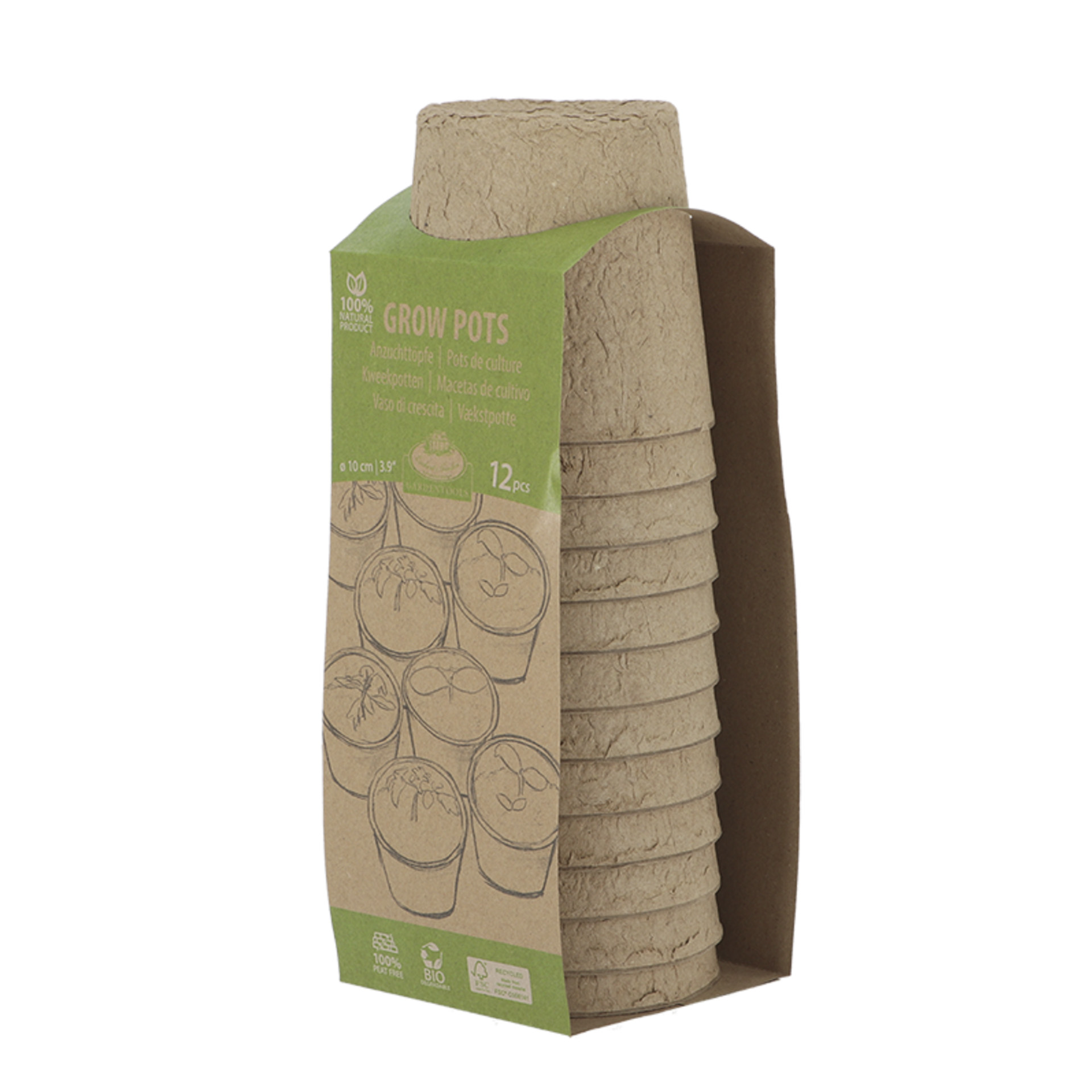 runder, naturbrauner Topf, gestapelt als 12-er Pack