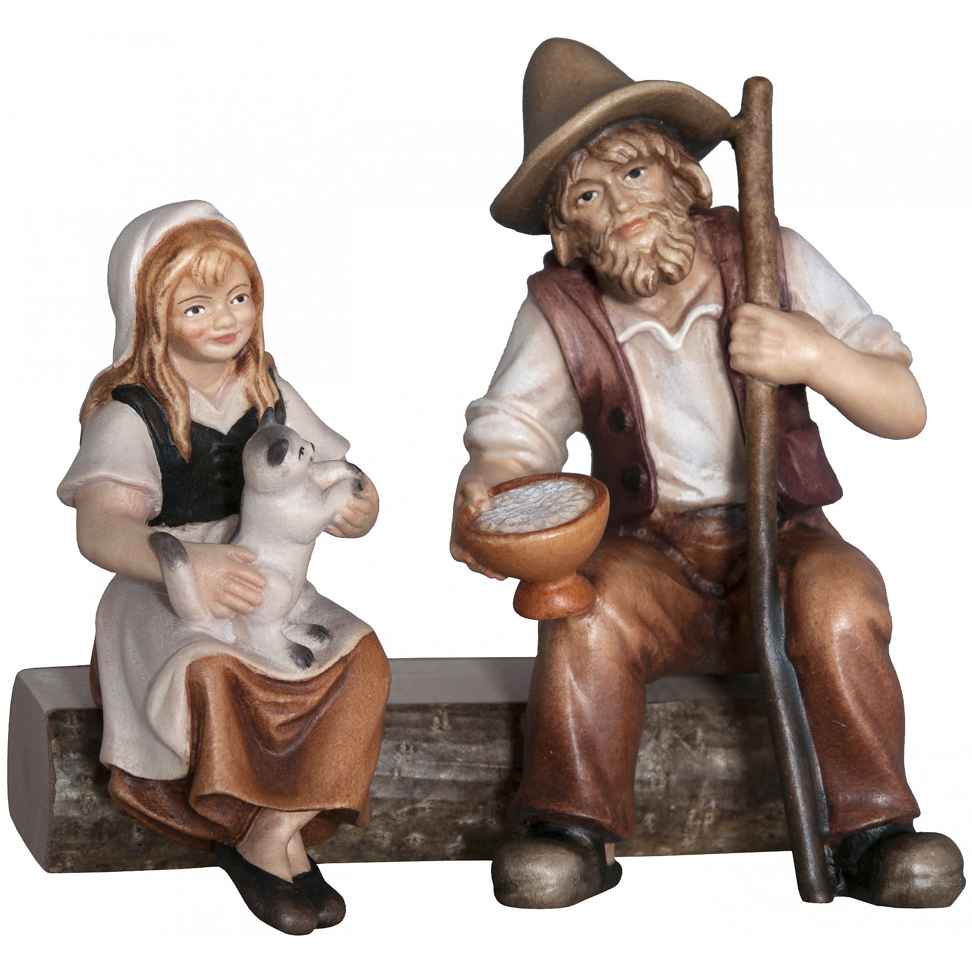 Mädchen und Hirte auf Bank Bethlehem Krippe color Krippenfigur Mädchen und Hirte auf Bank Bethlehem Krippe color