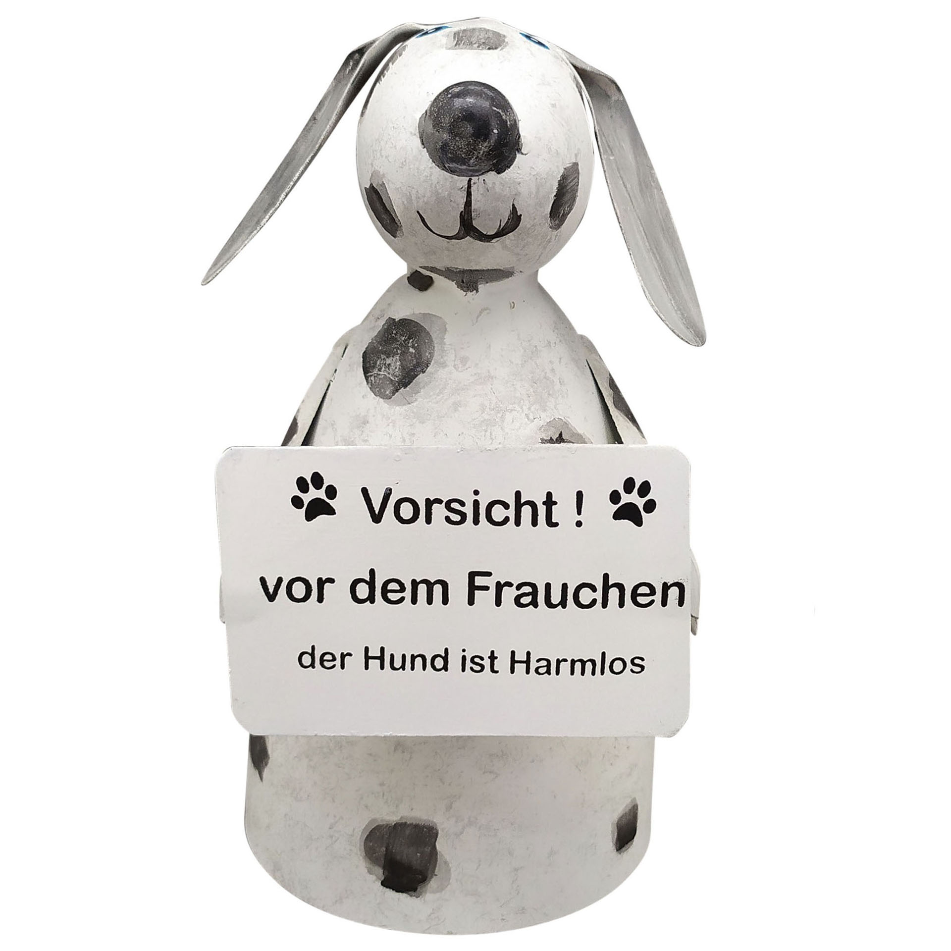 Zaunhocker Hund schwarz/weiß mit Schild schwarz/weißer Hund als Zaunhocker mit Schild vor Bauch